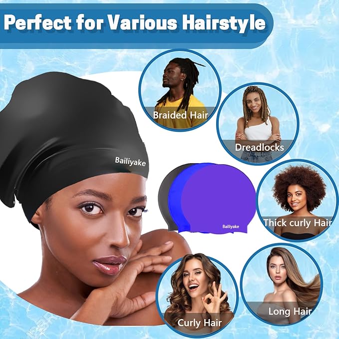 3 Pack Extra Large Swim Cap for Braids & Dreadlocks - Waterproof Silicone Swim Hat for Women with Long Thick Hair, Protective Swim Cap Cover Ears for Swimming, Shower, Bathing