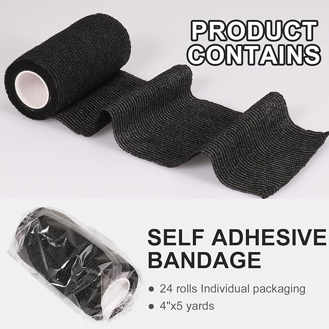 24 Pack Self Adhesive Bandage Wrap, 4” x 5 Yards Cohesive Medical Tape Elastic Grip Tape Black Sports Tape Athletic for Ankle, Wrist Sprains, Pet First Aid (Black, 4 Inch)
