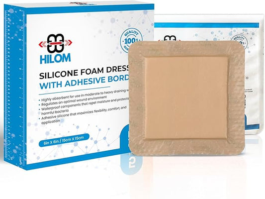 Hilom Silicone Foam Dressing with Adhesive Border 6 in x 6 in (5 Pack) Waterproof Dressing | Moist to Heavily Draining Wounds Including Pressure Ulcer, Burns, or Lacerations | Latex Free…