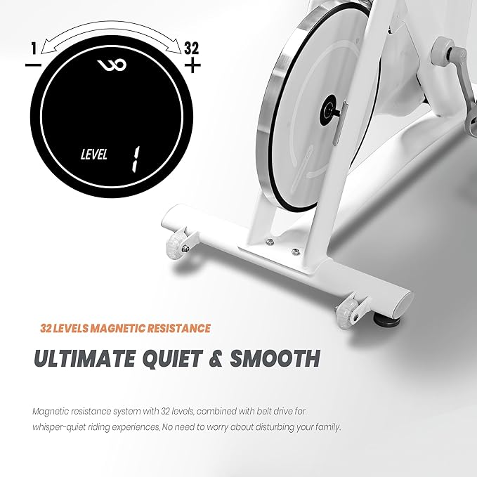 WONDER CORE Indoor Cycling Exercise Bike, WONDERCISE Bike - 13.2LB Flywheel, 32-Level Resistance, Silent Belt Drive, Bluetooth Connectivity, Tablet Holder, Adjustable Seat/Handlebars (White)