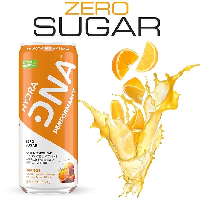 HYDRADNA- Clean Performance Drink, Zero Sugar | For Natural Fuel, Alertness, Boost, Stamina,120 mg Organic Caffeine, Natural Flavors, Zero Sucralose, Clean Ingredients (12 Pack) (12 Pack, Orange)