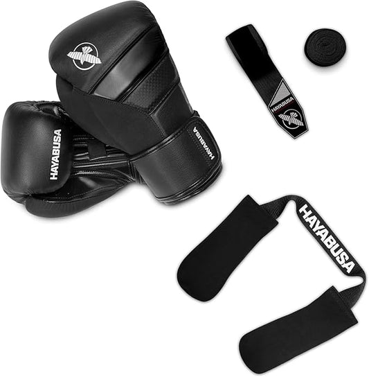 Hayabusa T3 Boxing Gloves 16oz, Perfect Stretch 4.0 Boxing Hand Wraps 180 Inches and Boxing Glove Deodorizer - All Items are Black
