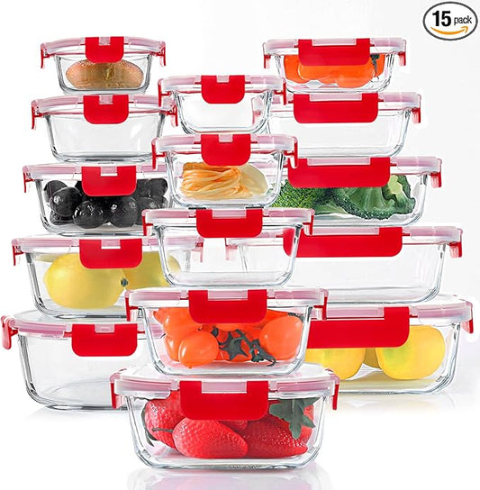 30 Pieces Glass Food Storage Containers Set, Glass Meal Prep Containers Set with Snap Locking Lids, Airtight Glass Lunch Containers, Microwave, Oven, Freezer & Dishwasher, Red