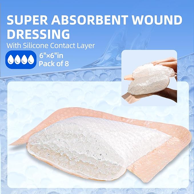 6"x 6" Silicone Super Absorbent Wound Dressing - Gentle Border Large Bandages for Pressure Ulcer, Surgical Wounds, Heavy Exudate Wound Care Pads (8 Pack)