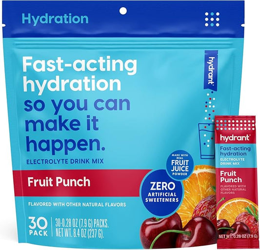 HYDRANT Hydrate, Individual Hydration Electrolyte Powder Stick Packets with No Artificial Sweeteners, Colors, or Fillers (Fruit Punch, 30 Pack)