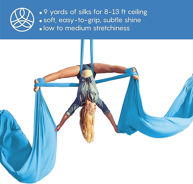 Aerial Silks Starter Kit - Durable 9 Yards of Aerial Yoga Hammock with Hardware & Guide - Aerial Swing for Acrobatic Flying Yoga & All Levels (Aerial Rigging Point Up to 13ft)