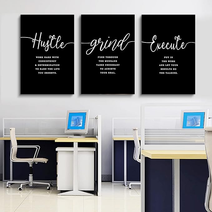 Hustle Quotes Execute Prints, Framed Canvas Wall Art Success Quote, Office Wall Art, Black Large Poster, Positive Motivational Set of 3 Prints, Boss Gift (F-3pcs,20x30inchx3pcs)