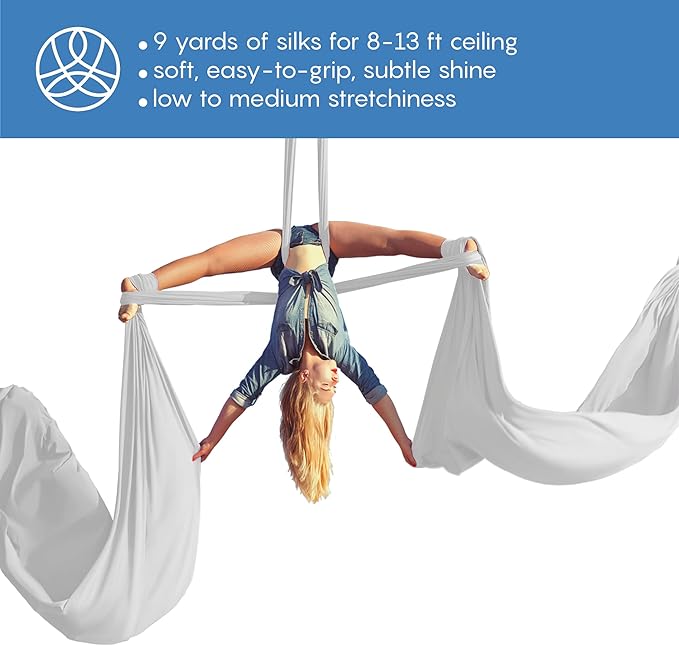 Aerial Silks Starter Kit - Durable 9 Yards of Aerial Yoga Hammock with Hardware & Guide - Aerial Swing for Acrobatic Flying Yoga & All Levels (Aerial Rigging Point Up to 13ft)