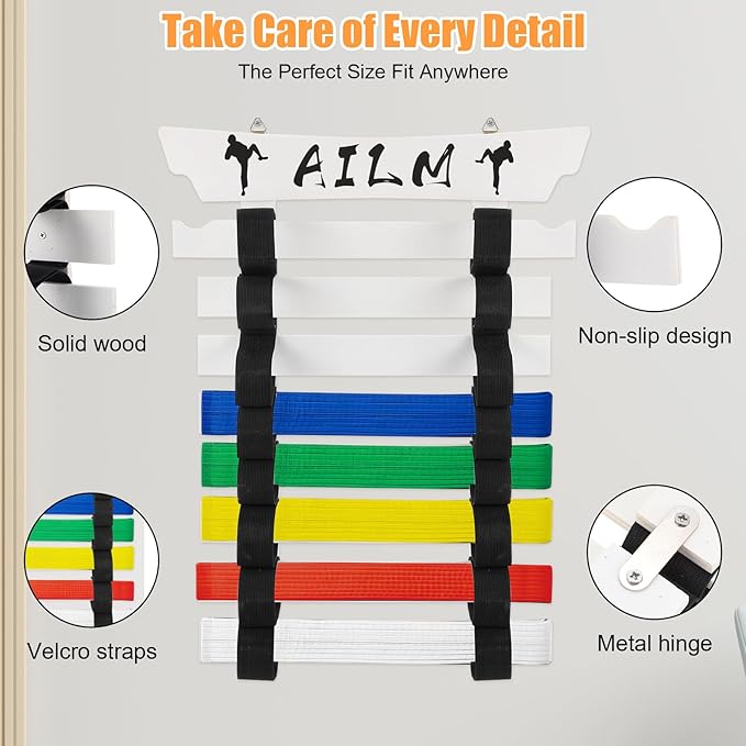 8 Belts Upgraded Karate Belt Display Rack with Stickers, Taekwondo Belt Display 【No Assembly Required】 Martial Arts Belt Display, Karate Belt Holder for Kids and Adult, Wood