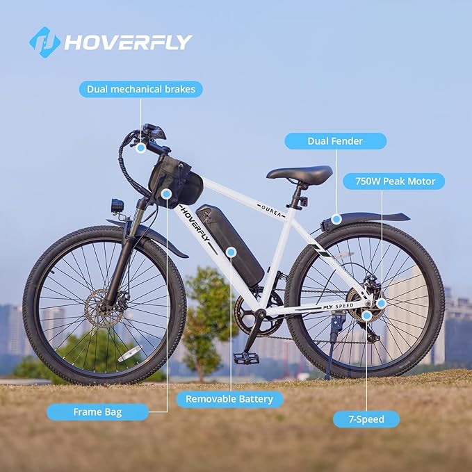 HOVERFLY OUREA 26" Electric Bike for Adults, 750W Peak Motor Mountain Ebike, 20MPH Up to 40 Miles, UL2849 Certified, 7-Speed, Removable Battery, Shock Absorber, Fat Tire Commuter E-Bike