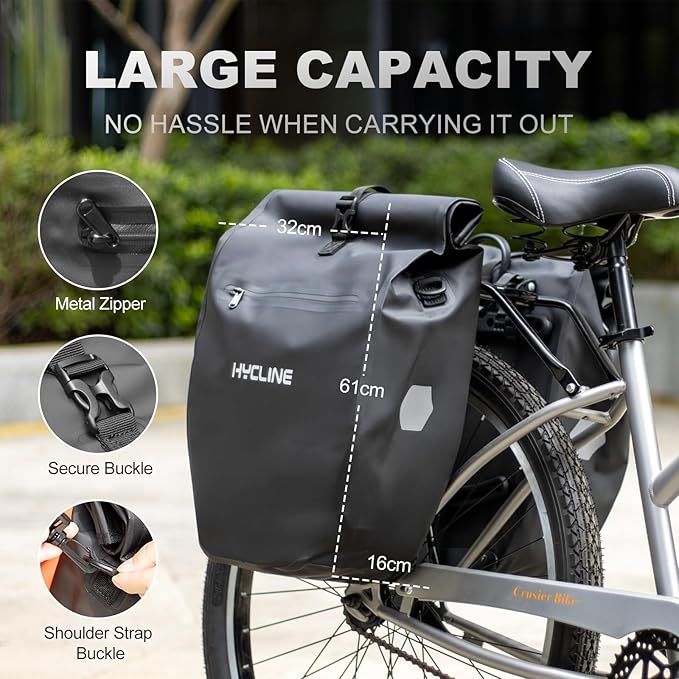 Hycline Waterproof Bike Panniers Bag: Bicycle Rear Rack Bags 28L Large Capacity with Dual Carrying Handle and Shoulder Strap for Commuting Cycling Traveling Touring Shopping - 2PCS