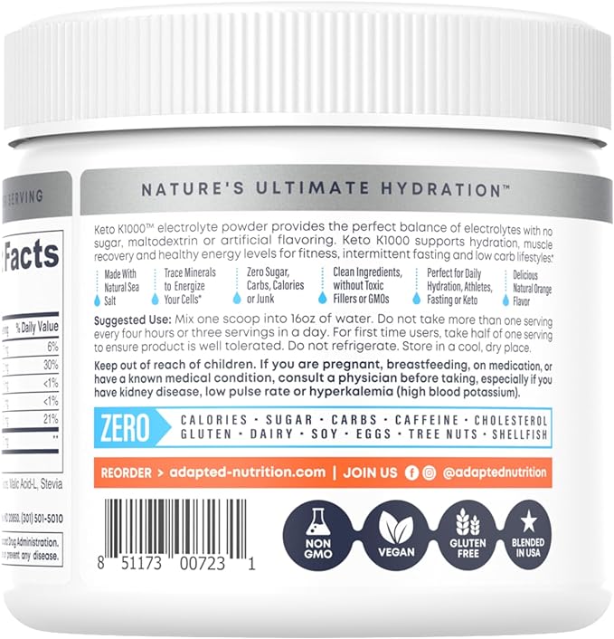 Hi-Lyte Keto K1000 Electrolyte Powder | Orange | Hydration Supplement Drink Mix | Boost Energy & Beat Leg Cramps | No Sugar, No Maltodextrin | 50 Servings