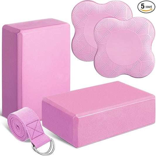5 Pcs Yoga Blocks Knee Pads Yoga Strap Set Soft Premium Foam Blocks Accessories for Pilates Meditation General Fitness Stability, Kneeling, Balance, Deepen Stretches and Toning