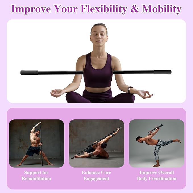 5ft Yoga Stick - Sturdy Steel Adjustable Stretching Stick for Mobility,Flexibility & Balance | Non-Slip Ends & Foam Handles | Exercise Pole for Fitness,Physical Therapy,Posture Correction
