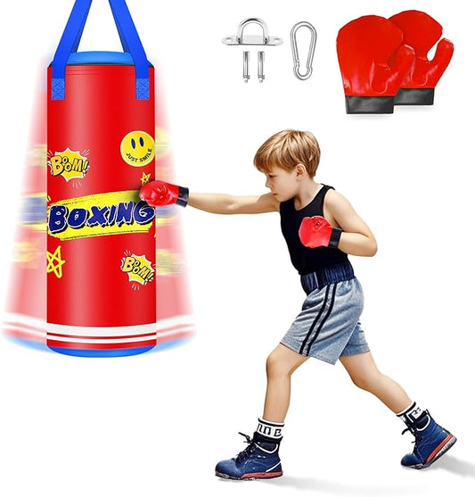 Hanging Punching Bag for Kids, 2FT PU Leather Kicking Bag with Boxing Bag Gloves, Heavy Bag Boxing Equipment for Training Karate Muay Thai Kick Taekwondo(Unfilled)