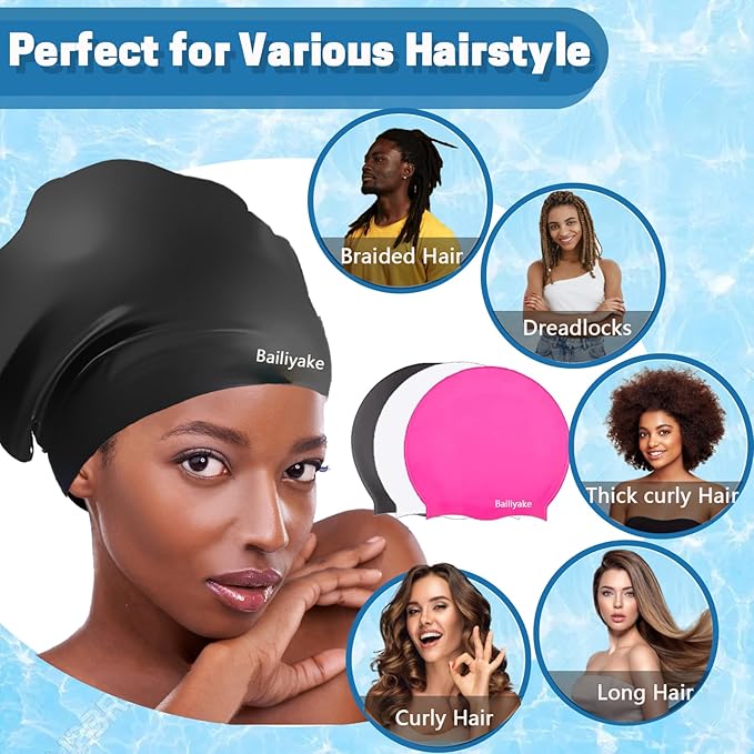 3 Pack Extra Large Swim Cap for Braids & Dreadlocks - Waterproof Silicone Swim Hat for Women with Long Thick Hair, Protective Swim Cap Cover Ears for Swimming, Shower, Bathing