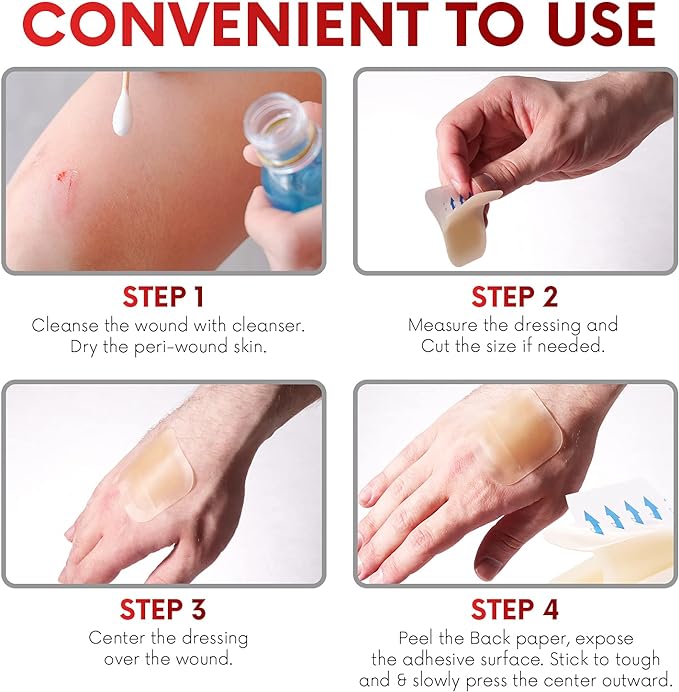 Healqu Hydrocolloid Wound Dressing - 6x6" Thin - Box of 10 Large Bandages - Sterilized Bordered Hydrocolloid Patches for Bed Sores, Abrasions, and More - Waterproof and Absorbent with Protective