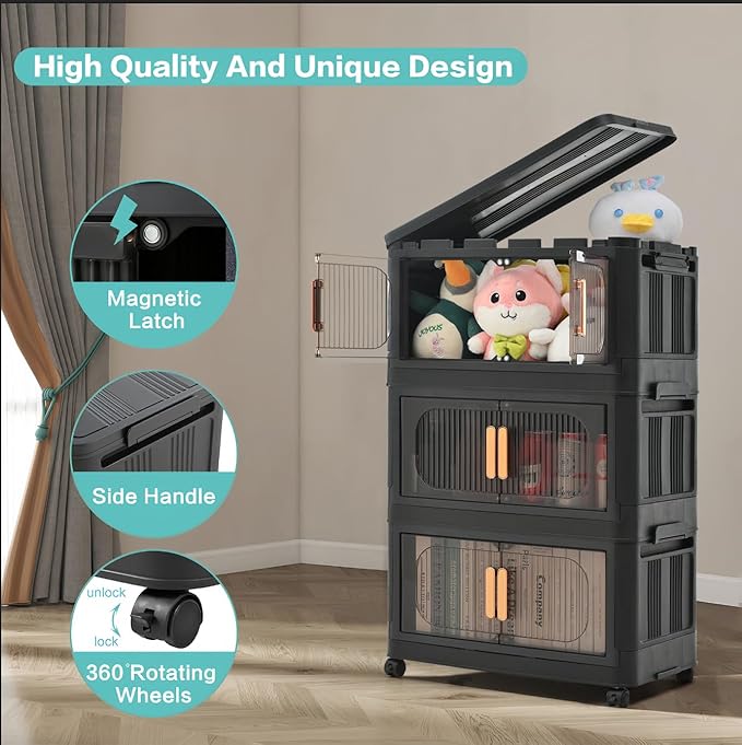 Holaki 117 QT Storage Bins with Lid, 3 Tier Collapsible Closet Organizers and Stackable Plastic Storage Bins Cabinet with Wheels and Magnetic Door (Black)