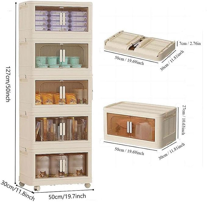 Holaki 39 QT Storage Bins with Lid, 5 Tiers Stackable Plastic Storage Bins Cabinet Box Collapsible Closet Organizers with Wheels and Magnetic Door,White