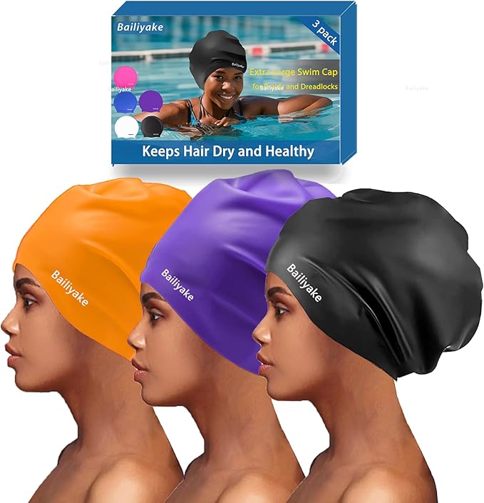 3 Pack Extra Large Swim Cap for Braids & Dreadlocks - Waterproof Silicone Swim Hat for Women with Long Thick Hair, Protective Swim Cap Cover Ears for Swimming, Shower, Bathing