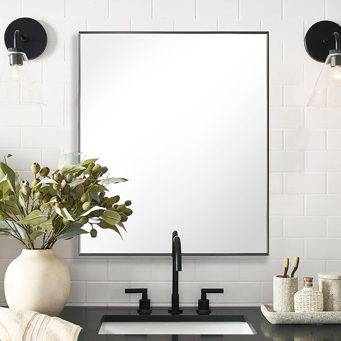 20x30 Inch Black Bathroom Mirror for Wall, Aluminum Frame Rectangle Rectangular Vanity Mirror, Modern Large for Bedroom, Living Room, Horizontal or Vertical