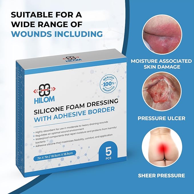 Hilom Silicone Foam Dressing 7x7 Inches with Adhesive Border (5 Pack) Waterproof Dressing | Moist to Heavily Draining Wounds Including Pressure Ulcer, Burns, or Lacerations | Latex Free