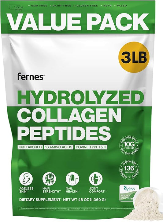 Hydrolyzed Collagen for Women Men (3LB) Type I & III Flavorless & Odorless Easy-Mix Powder Peptan Protein Peptides Joint Hair Skin & Nail Support Gluten-Free Non-GMO Keto Paleo Grass-Fed Kosher