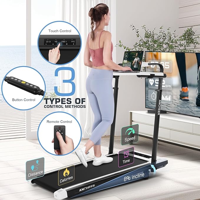 ANCHEER Walking Pad Treadmill with 12% Incline&Adjustable Height, 4 in 1 Under Desk Treadmills with Desk Workstation, Foldable Treadmill for Home 300lb,3 Type Control