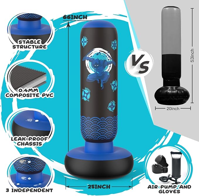 Inflatable Punching Bag for Kids, Tall Larger 66 Inch Stable Boxing Bag for Teens, Ninja Shuriken Toy Gifts for Boys Girls, Boxing Set with Gloves and Pump for Practicing Karate Taekwondo