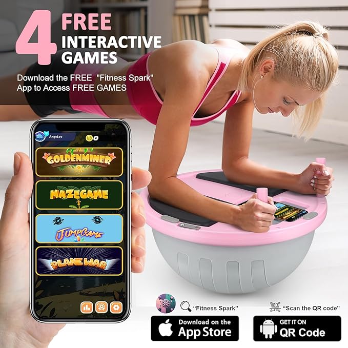 2-in-1 Balance Ball & Plank Board Trainer with App & 4 Interactive Games, Half Exercise Ball for Pilates & Yoga, Core Strength Training, Home Gym Workout, with 2 Resistance Bands & Pump