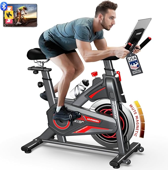 HARISON Semi-Commercial Exercise Bike 400 lbs Capacity, Magnetic Stationary Bikes for Home Gym with Bluetooth & Tablet Holder & Comfortable Seat Cushion