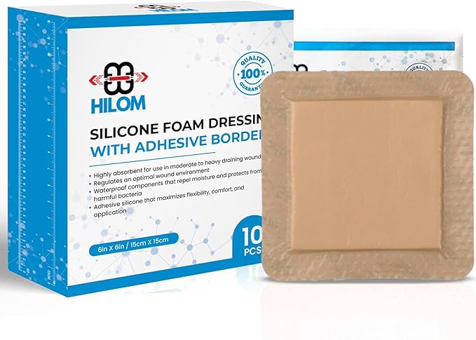Hilom Silicone Foam Dressing with Adhesive Border 6 in x 6 in (10 Pack) Waterproof Dressing | Moist to Heavily Draining Wounds Including Pressure Ulcer, Burns, or Lacerations | Latex Free…