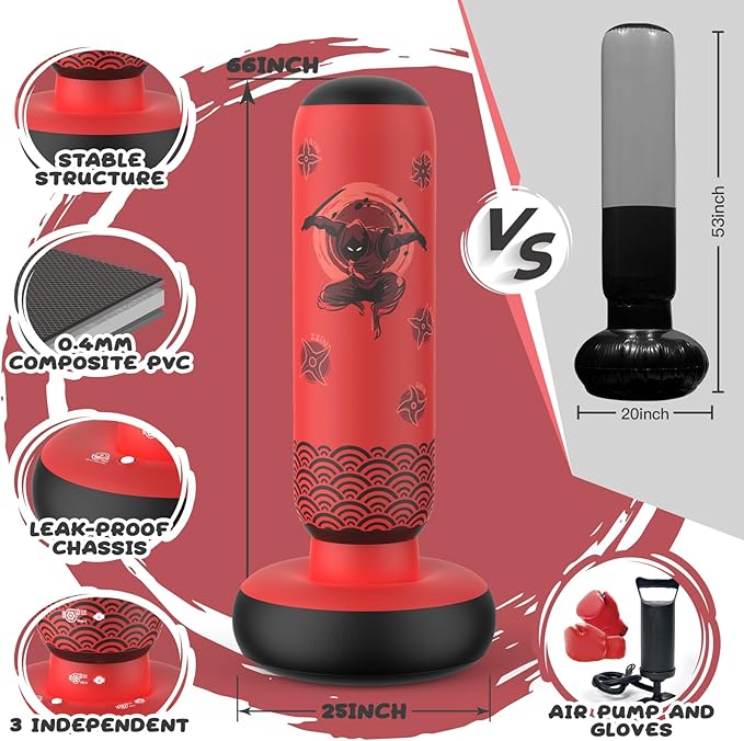Inflatable Punching Bag for Kids, Tall Larger 66 Inch Stable Boxing Bag for Teens, Ninja Shuriken Toy Gifts for Boys Girls, Boxing Set with Gloves and Pump for Practicing Karate Taekwondo