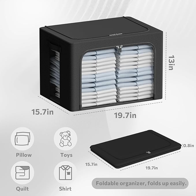 3Pack Frame Storage Box - Clothes Storage Bin Bags Oxford Fabric Foldable Stackable Container Organizer Set with Clear Window & Carry Handles (Black, Large-66L)