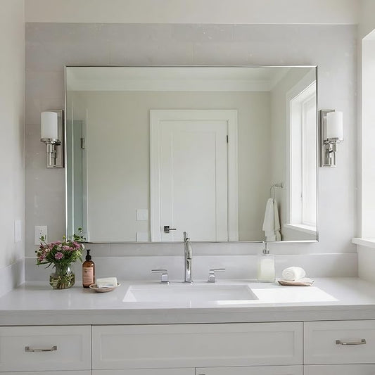27x36 Inch Nickel Bathroom Mirror for Wall, Aluminum Frame Rectangle Rectangular Vanity Mirror, Modern Large for Bedroom, Living Room, Horizontal or Vertical
