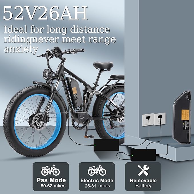 52V Electric Bike for Adults, 38MPH 26” Fat Tire Dirtbike 6000W Peak, AWD Ebike Dual Motor,26AH Removable Battery Fast Full Hydraulic Brake