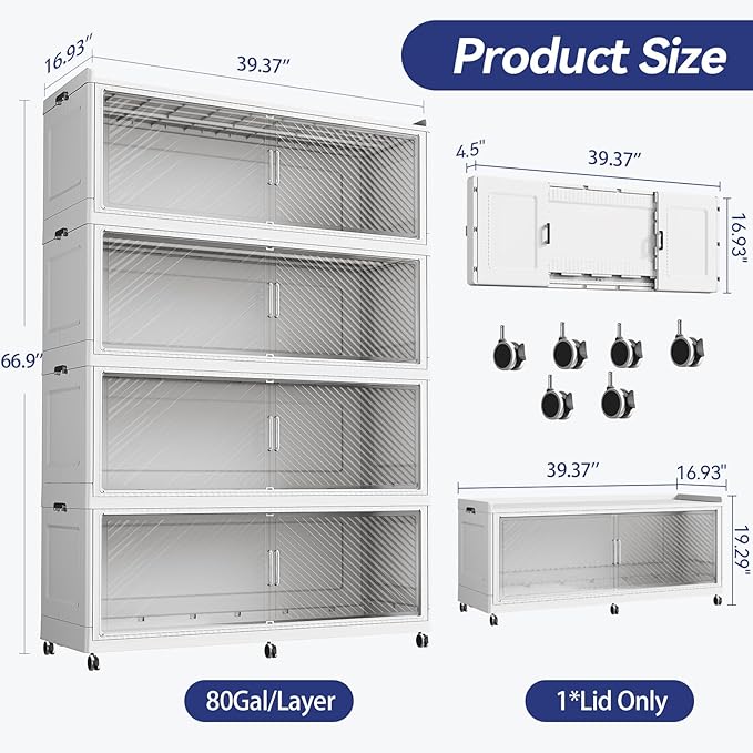 320GAL Extra Large Stackable Storage Bins with Lid, 1280QT Plastic Closet Organizer and Storage Cabinet with Wheels and Doors, Folding Storage Box Container for Home Organization, 4Pack White