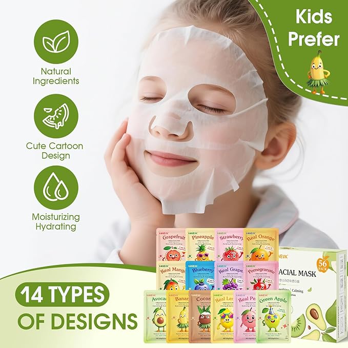 56 Pack Fruit Collagen Face Masks Skincare for Teens Girls, Sheet Face Mask Skin Care for Kids, Bulk Hydrating Facial Masks for Women, Face Mask Set for All Skin Types, Birthday Party Spa Gifts