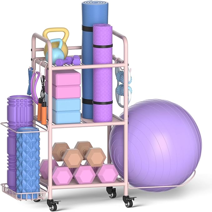 Home Gym Storage Rack Exercise Equipment Storage Organizer for Yoga Mat Dumbbells Kettlebells Foam Roller Yoga Strap & Resistance Bands, Ideal Yoga Mat Holder & Workout Equipment Organizer