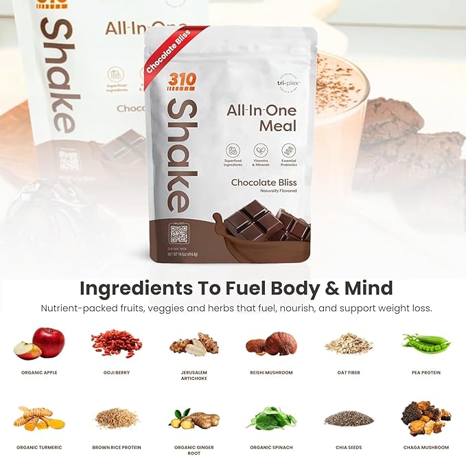 310 Nutrition All-In-One Meal Replacement Shake Powder - Plant-Based Protein Smoothie Blend w/High Fiber, Probiotics & Adaptogens - Low Carb, Vegan, Keto & Paleo Friendly - Chocolate Bliss - 14 Srv