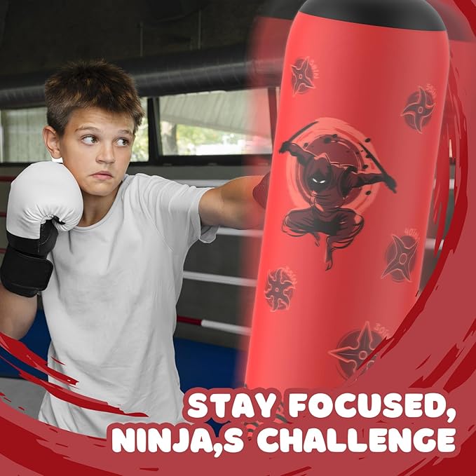 Inflatable Punching Bag for Kids, Tall Larger 66 Inch Stable Boxing Bag for Teens, Ninja Shuriken Toy Gifts for Boys Girls, Boxing Set with Gloves and Pump for Practicing Karate Taekwondo