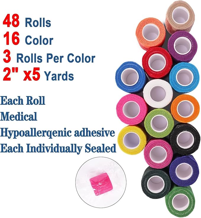 48 Pack Self Adhesive Bandage Wrap, 2” x 5 Yards Cohesive Medical Tape Elastic Grip Tape Black Sports Tape Athletic for Ankle, Wrist Sprains, Pet First Aid (Multi-Color)
