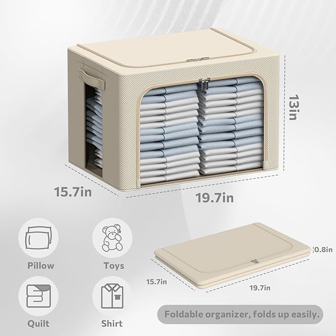 3Pack Frame Storage Box - Clothes Storage Bin Bags Oxford Fabric Foldable Stackable Container Organizer Set with Clear Window & Carry Handles Large Capacity (Beige, Large-66L)