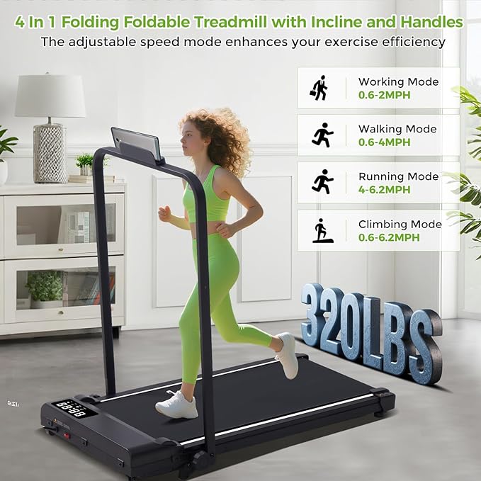 Walking Pad with Incline and Handle Bar, 3.0HP Portable Electric Walking Pads Treadmill with Handles for Home Small Spaces, 0.6-6.2 MPH Compact Small Under The Desk Treadmills Home, 320LBS Capacity
