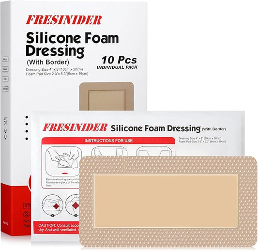 4" x 8" Pack of 10 Silicone Foam Wound Dressing - Waterproof Adhesive Bandages with Bordered - Super Absorbent & Breathable for Optimal Wound Care