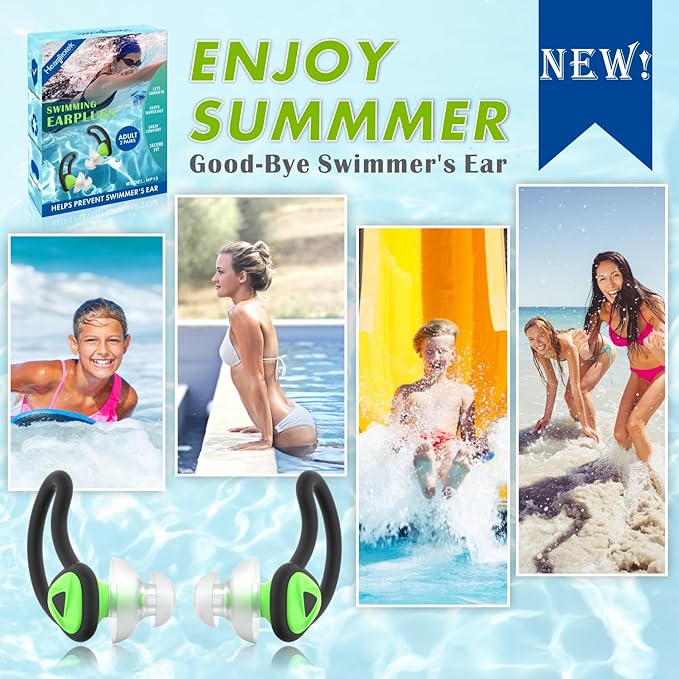Hearprotek [2 Pairs] Ear Plugs for Swimming,Swim Ear Plugs Adults-Waterproof Silicone Water earplugs for Men Women Juniors Swimmers Pool Shower Bathing (Green)
