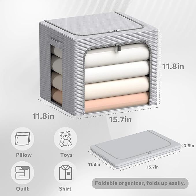 3Pack Frame Storage Box - Clothes Storage Bin Bags Oxford Fabric Foldable Stackable Container Organizer Set with Clear Window & Carry Handles (Grey, X-Small-36L)