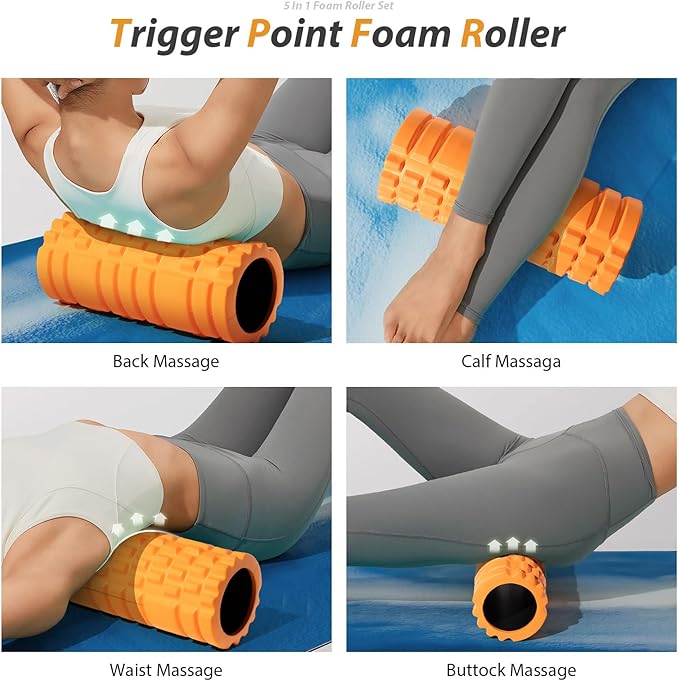 5 in 1 Foam Roller Set for Deep Tissue Muscle Massage, Trigger Point Fitness Exercise Foam Roller, Massage Roller, Massage Ball, Stretching Strap, for Whole Body(Orange-Black)