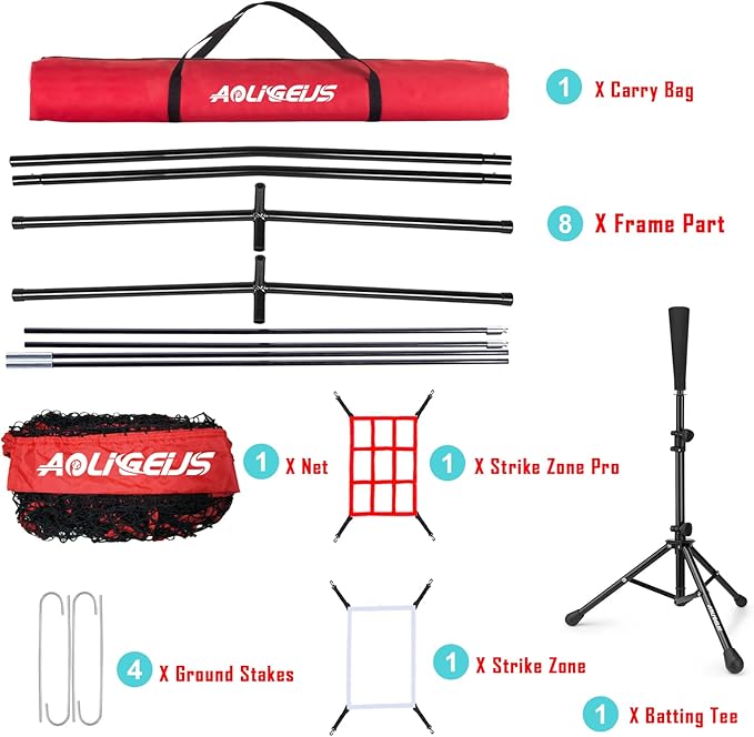 7'X7' Baseball Softball Practice Net,Pitching Net,Batting Net,with Baseball Tee,Bonus Strike Zone and Bow Frame,for Hitting,Pitching, Catching