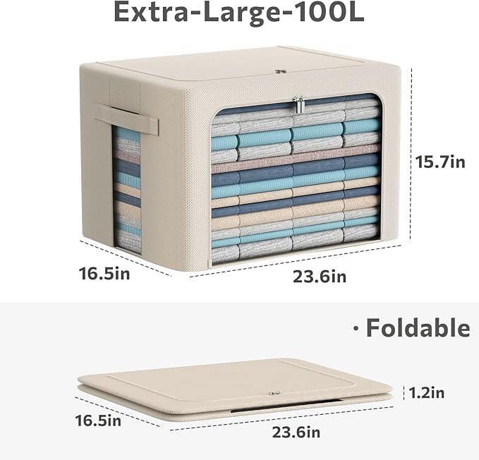 3Pack Frame Storage Box - Clothes Storage Bin Bags Oxford Fabric Foldable Stackable Container Organizer Set with Clear Window & Carry Handles Large Capacity (Beige, Extra Large-100L)